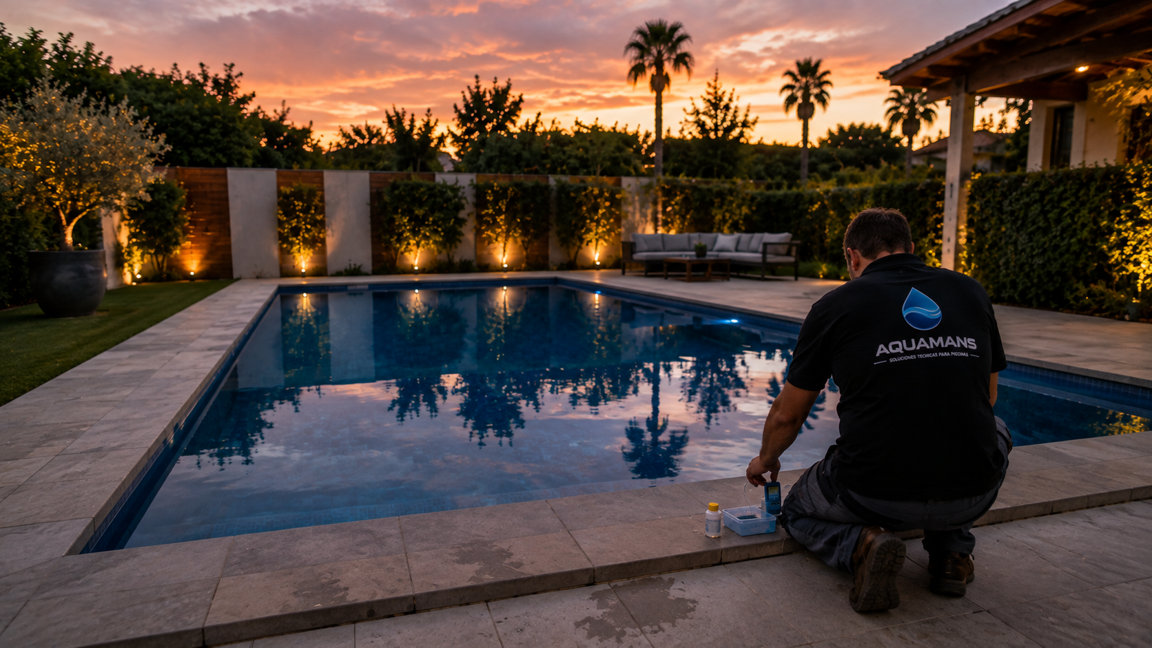 Piscina moderna iluminada al atardecer